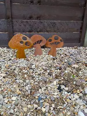 3 Mushrooms - Rusty Metal Garden Art Work Toadstools Rustic • £24.99