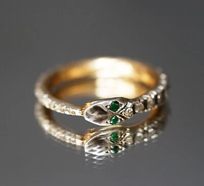 £1980.03 • Buy 19c. Georgian Gold Ring Ouroboros Snake Serpent Rose Cut Diamonds Emerald Eyes