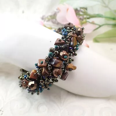 Vintage Peacock Blue Bead Tiger Eye Chip Woven 7  Magnetic Clasp Bracelet • $19.95