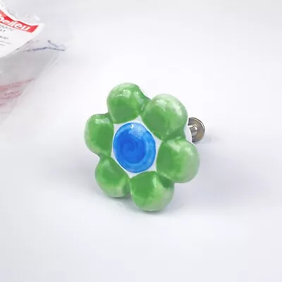 Ceramic Flower Knob Dresser Drawer Pull Blue Green Mackenzie Childs Look - 4 • $22.18