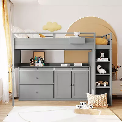 Loft Bed With Rolling Cabinet And Desk - Gray 03AAE • $465.89