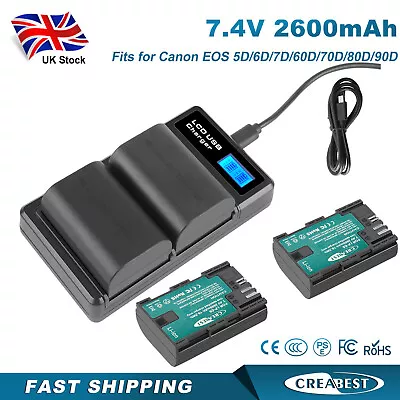 2Pcs LP-E6 LP-E6N Battery+ Dual Charger For Canon EOS 90D 60D 5DS 6D II 70D 80D • £27.91