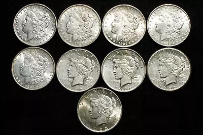 Lot Of 9  Morgan & Peace Silver Dollars  1885-1925  90% Silver • $196.25