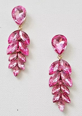 Long Pink Crystal Earrings BOLD Drag Queen Chandelier Pierced • $8.99