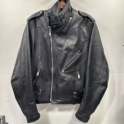 Vtg 70s HARLEY DAVIDSON AMF Black Leather Motorcycle Jacket Biker Coat 44 Tall • $106.24