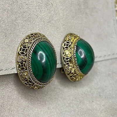 Vintage Malachite Oval Earrings Clip On Stud Dome Silver Filgree W/ Gold Wash • $57.97