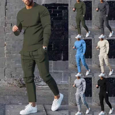 Mens Casual Crew Neck 2 Pieces Outfits Men Running Lounge Long Sleeve • £22.29