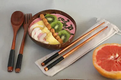  Natural Eco Coconut Shell Bowl Set With Wooden Cutlery Set Husk Spoon Chopstick • £9.99