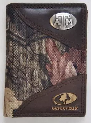 ZEP PRO Texas A&M Aggies Trifold Leather Nylon MOSSY OAK Camo Wallet TIN BOX • $44