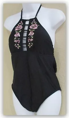 Mossimo 1 Pc Halter Strappy Floral Roses Cut Out Black Swimsuit Women's M 8-10 • $15.79