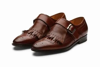 NEW Men’s Genuine Chocolate Brown Leather Single Monk Strap Brogue Shoes • $265.99