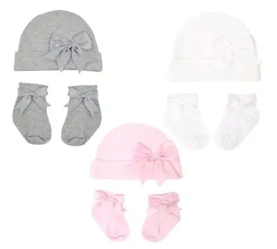 £4.99 • Buy Newborn Baby Girls Pretty Hat & Socks With Satin Bow Set Hat Set 0-3 3-6 Months
