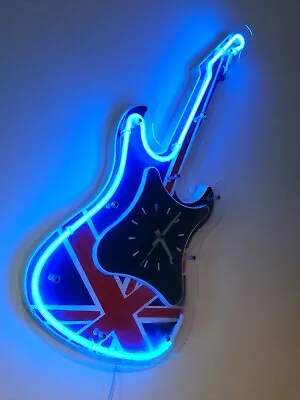 Neon Blue Light Guitar Novelty Wall Clock Strat Mains Union Jack Flag Battery • £25