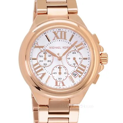 Michael Kors Camille Womens Chronograph Watch White Dial Date Rose Gold Band • $117