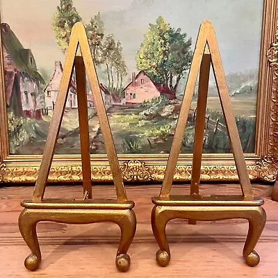 Pair (2) Carved Gold Wooden Display Easels 12  Tall X 5.5   Hollywood Regency  • $25