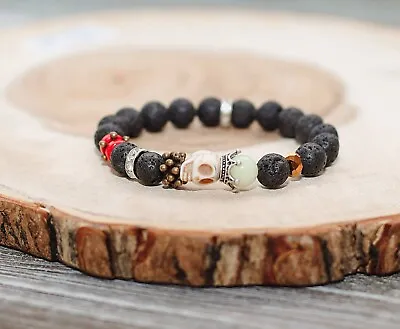 Black Volcanic Rock Lava Stone Beaded Bracelet Men Women Skull 8mm Stone Beads • $28