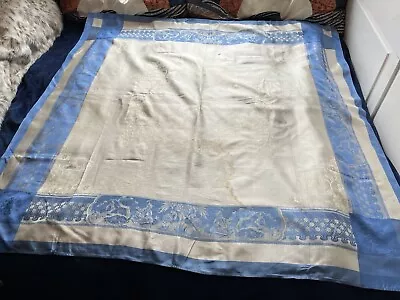 Antique Blue And White Damask Linen Tablecloth With Oriental Theme 53” X 52” • £0.99