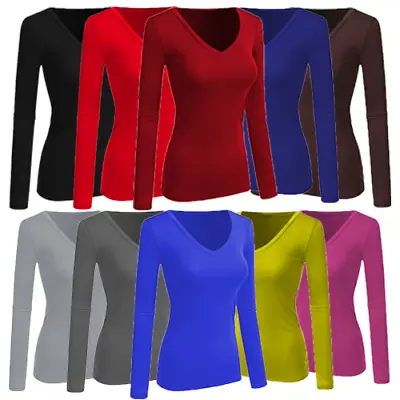 Ladies Plain Long Sleeve Casual Jersey Stretchy V Neck Basic T-Shirt Top • £7.99