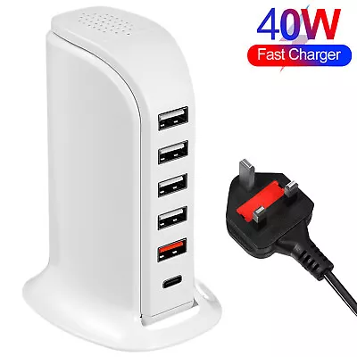 40W 5A 6 Ports Multi USB TYPE-C HUB Charger Fast Charging Dock Station Tower UK • £11.88