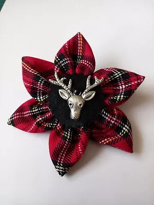 RED TARTAN (ROYAL STEWART) FABRIC BROOCH. SILVER STAG HEAD ON BLACK FELT. 9cm • £6.99