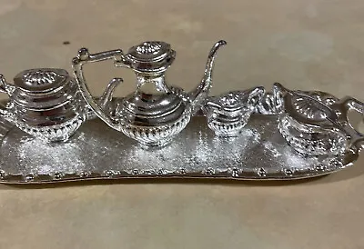 Miniature Dollhouse Silver Metal Coffee & Tea Set Service Vintage  5 Piece • $18