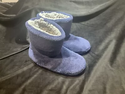 M&S Boys Fleece Slipper Boots BNWT Size 12 Navy / Grey Fleece Lining Hard Sole • £3