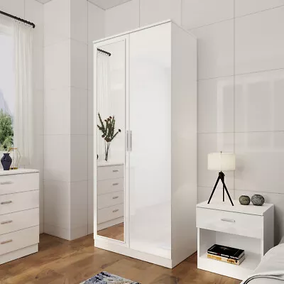 Bedroom Furniture High Gloss 2 Doors Wardrobe Storage Cupboard With Hanging Rail • £139.98