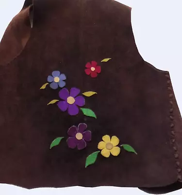 Vintage HIPPIE FASHION Suede Leather Handmade Vest W Applied Flowers Unisex • $15