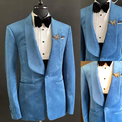 Vintage Blue Velvet Coat For Men Shawl Lapel Tuxedo Tailored Single Breast Suit  • $79.15