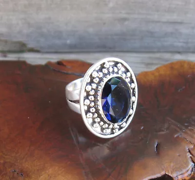 Blue Sapphire Oval Gemstone Setting .925 Silver Jewelry Statement Ring 7.5  • $14