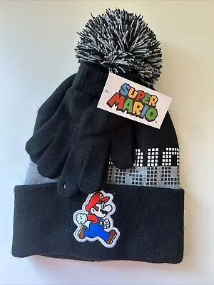 Nintendo Super Mario Black And Red Pom Beanie Hat And Gloves Set Kids NEW • $19.99