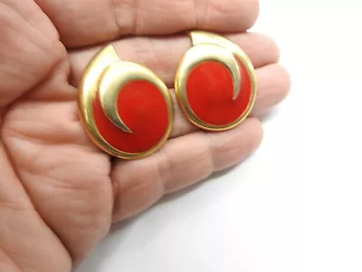 Signed Monet Red Enamel Gold Tone Metal Curl Pierced Earrings Vintage • $17.95