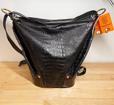 NWT~MARINO ORLANDI~ ITALY Bucket Converts To Sling BLACK Leather Embossed #4889 • $149.99