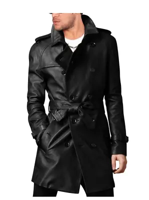 Men's Stylish Belted Black Long Coat Leather Trench Coat Pea Coat-bnwt • $113.93