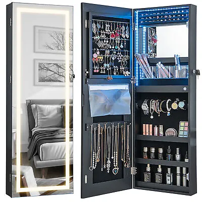 LED Mirror Jewelry Cabinet Wall/Door Mounted Organizer Armoire Black • $138.99