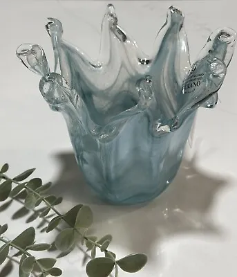 Murano Blue Vase Italy Art Deco Glass Bowl 6”Turquoise Abstract Art Modern Decor • $69