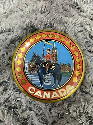 Vintage 2.7 Inch Round Multicolor Maple Leaf Canadian Mounty Candy Tin - Empty • $8