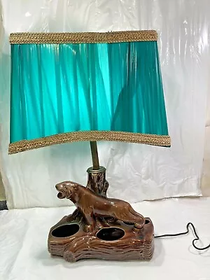 Vtg MCM Eames Era 1950's Brown Ceramic Panther Planter Lamp W Green Vinyl Shade  • $119.99