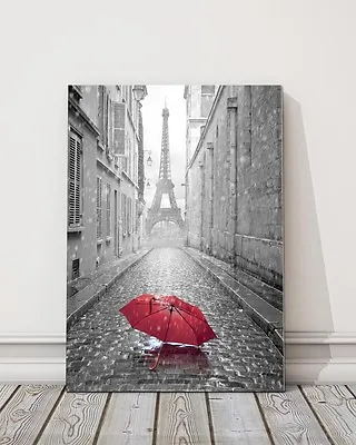 Red Umbrella Eiffel Tower Paris Framed CANVAS WALL ART Portrait Print • $30.25