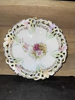 RS Prussia Cabinet Bowl Painted Carnations Iris Mold Piercing Edge Gold Beading • $125