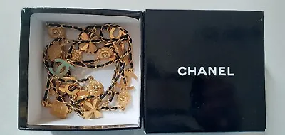 Vintage Chanel Charm Necklace/belt Gold Metal Black Leather Authenticity Stamp • $3990