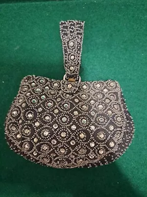 £30 • Buy Early Black Fabric Beaded Deco Vintage Evening Bag With Wrist Strap