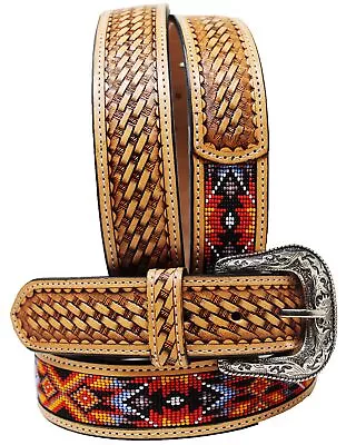 Western Antique Basket Weave Tooled Beaded Full-Grain Leather Belt 26FK51 • $67.99