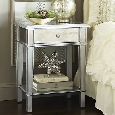 2Tier Modern Silver Mirrored Side End Table Nightstand Bedside Table With Drawer • $123.91