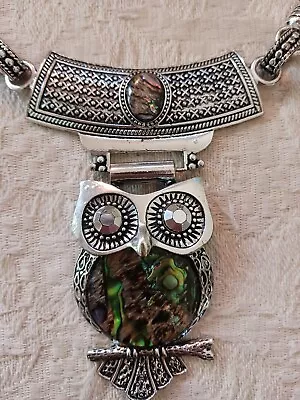 Etched Silver Metal Owl Choker Necklace W Green Abalone Shell Inlay Adjustable • $25