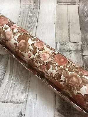 Vintage Wallpaper 60s 70s Pink & Brown Floral 3/4 Roll Paper Craft Decoupage • £12.99