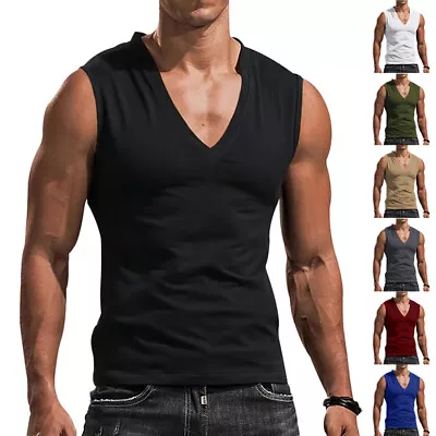 $11.99 • Buy Men V-Neck Vest Tee Solid Sleeveless Casual T-Shirt Bodybuilding Muscle Tank Top