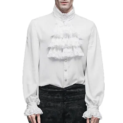 Gothic Stand-up Collar Victorian Medieval Ruffle Shirt Pleated Cuff Tops Mens • $31.32