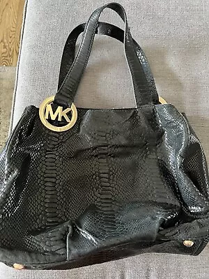 Michael Kors Fulton Black Snake Leather Large Hobo Shoulder Bag Purse Tote • $35