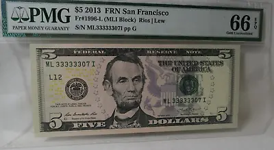 2013 6 Of A Kind $5 Dollar Bill 6 Of A Kind 3s Fancy Serial Number Note PMG 66 • $109.99